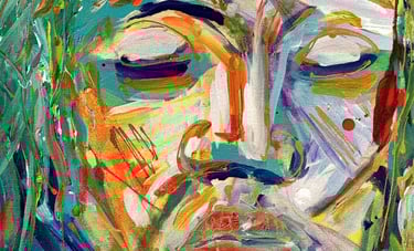 Quadratische Leinwand mit glyphenartigen weißen Linien und farbigen Feldern.