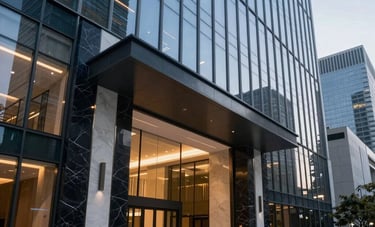 A wide-angle interior shot of a modern glass skyscraper lobby in a North American / Spanish-speaking business district. The architecture is clean and professional with dark navy and white marble accents. Soft evening lighting creates a sophisticated mood.