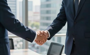 Two professionals in tailored business attire engage in a handshake within a sunlit, modern conference room in a North American / Spanish-speaking city. The scene conveys trust and success, featuring light blue and navy tones in the decor.
