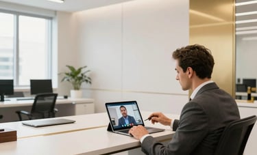 A wide shot of a bright, contemporary Brazilian engineering firm office. A professional in business attire is conducting a video conference with a client via a large tablet. Gold and off-white accents in the decor, clean lines, reliability and modern style.