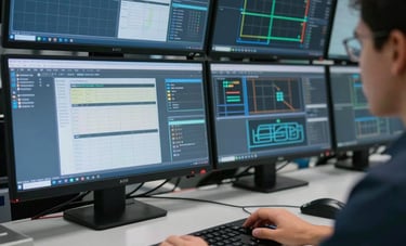 High-tech control room environment in South American Brazil. A professional hand navigating complex engineering software on multiple large high-resolution monitors. Soft blue and charcoal tones, sharp focus on screens, technical expertise mood.