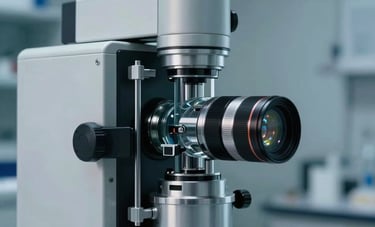 Close-up of high-tech clinical equipment in a minimalist laboratory, sophisticated glass and metal textures. European / Spanish research environment, lighting is sharp and clinical with soft steel blue shadows.