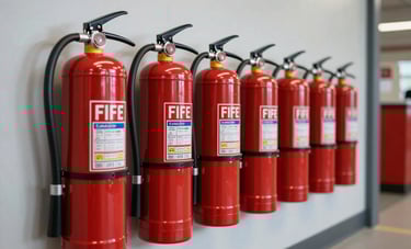 A professional photography shot of a row of bright red fire extinguishers mounted on a clean, light gray wall in a US commercial corridor. The lighting is soft and natural, emphasizing readiness and modern fire control compliance.