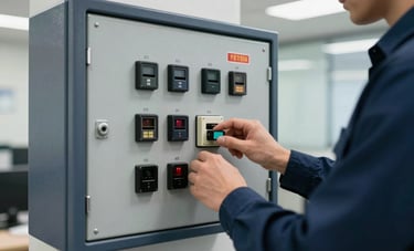 A sharp, clear photograph of a modern fire alarm control panel inside a brightly lit North American office building. A technician's hand is visible, dressed in professional attire, performing a routine check. The scene is secure and reliable, using dark blue and gray tones.