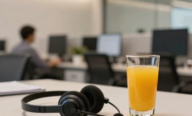 A professional tele-service center office in Brazil with a modern, clean design. A headset sits on a minimalist desk next to a refreshing glass of juice, symbolizing efficient beverage commerce and customer service. Warm, professional lighting.