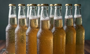Close-up of premium cold beer bottles with condensation droplets, arranged neatly on a dark wooden surface. Muted blue-green and golden accents in the background, professional studio photography, Brazilian beverage commerce context.