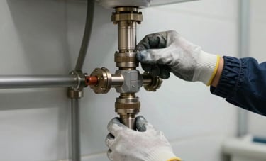 Hands of a skilled worker in protective gloves performing a detailed inspection of a central heating boiler in a modern utility room. Clean, soft lighting emphasizing professional maintenance. Middle Eastern / Turkish setting.