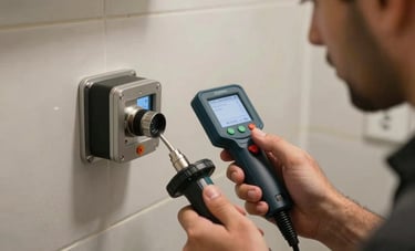 A professional technician using advanced electronic leak detection equipment on a wall in a bathroom setting. Detailed shot of the high-tech tools, with a focus on precision and expertise. Middle Eastern / Turkish context.