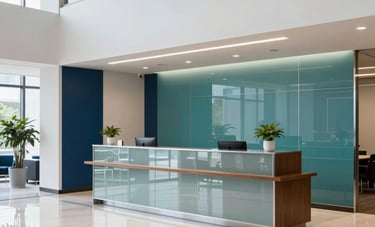 Commercial interior photography of a high-end office lobby in the United States. A wide-angle shot shows a polished reception desk and clear glass surfaces. The lighting is bright and clean with teal and dark blue accents in the decor.