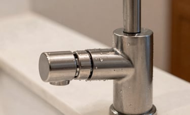 Macro photography of a sanitized stainless steel kitchen faucet and a white marble countertop in an upscale North American home. The composition highlights the sparkling, droplet-free surface and meticulous detail. The lighting is warm yet crisp.