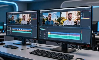 A high-tech video production studio in Türkiye, showing advanced monitors with AI video editing interfaces. The environment is sleek and modern, featuring steel blue and dark navy lighting accents that highlight professional equipment.