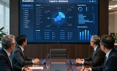 A high-end corporate boardroom in a skyscraper in Levent, Istanbul. A professional team is viewing a sophisticated white-label software dashboard on a large screen. The scene conveys innovation and power with dark navy and slate blue tones.