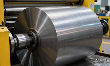 Close-up action shot of a large industrial rolling machine curving a heavy steel plate in a professional metalworking facility in Mexico. Sharp focus on the steel grain and the machine's yellow components. Bright, clear lighting.