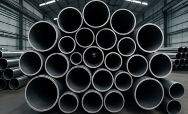 Symmetric composition of various diameters of stacked structural steel pipes in a large industrial warehouse. The lighting is crisp, creating high-contrast shadows on the metallic surfaces. Clean and organized Mexican facility. Colors: silver, gray, and black.