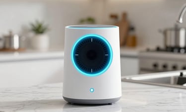 A futuristic air quality sensor showing a vibrant cyan light ring, placed on a marble countertop in a clean, modern North American kitchen in Miami, blurred bright background.