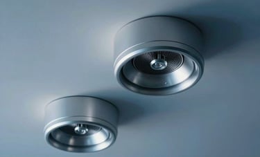 Macro photography of sleek, silver metallic air diffusers integrated into a minimalist ceiling of a high-tech corporate office in Miami, professional soft lighting, deep blue shadows.