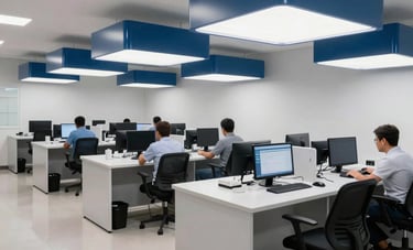 A wide-angle shot of a state-of-the-art tele-service center in a Brazilian metropolis, featuring clean workstations, ergonomic furniture, and professional steel blue lighting.