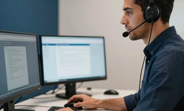 A focused South American professional in a modern Brazilian workspace, using a high-quality headset and multiple screens, soft lighting with navy blue and off-white tones.
