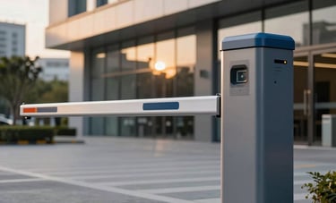 A high-quality photo of a modern automatic barrier gate at the entrance of a contemporary commercial building in a Southeast Asian city. The design is sleek with metallic slate blue and gray blue accents, shot during a golden hour with warm sunset lighting reflecting off the metal surfaces.