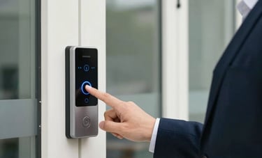 A professional Southeast Asian person in business attire using a finger on a high-tech biometric access control panel beside a modern glass door. The lighting is clean and emphasizes technological innovation, with off-white and navy blue tones dominating the scene.