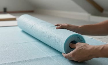 A close-up shot of an artisan installing high-quality thermal insulation material in an attic. Professional lighting, clean workspace, Western European residential setting. The color palette emphasizes soft light blue and pale grey tones.