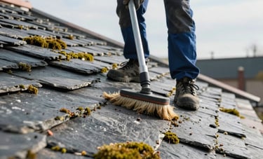 A professional cleaning service on a moss-covered slate roof in France. A worker using specialized equipment to remove debris, restoring the original look of the dark grey slates. Bright daylight, crisp professional photography. Palette includes medium blue and light blue.