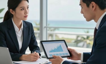 A professional business meeting between two property managers in a bright, modern office in Fort Lauderdale, South Florida. They are looking at a tablet showing financial growth charts. The setting is high-end with coastal views visible through a large window. Clean, corporate, and trustworthy mood.