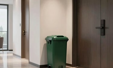 A clean and well-lit interior hallway of a luxury North American apartment building. A sleek, professional dark green waste container sits neatly next to a designer apartment door. The floors are polished and reflect the modern ceiling lighting. Minimalist and professional aesthetic.