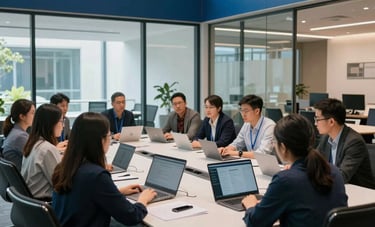 A wide-angle shot of a collaborative tech team in a North American corporate environment. They are gathered around a sleek conference table in a room with steel blue accents and modern glass architecture, symbolizing forward-thinking innovation.