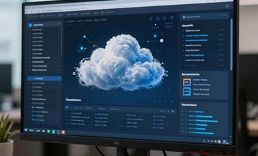 A sophisticated photography shot of a cloud computing dashboard on a large monitor in a Canadian tech hub office. The lighting is professional and soft, with deep blue and dark navy tones reflecting a sense of reliability.