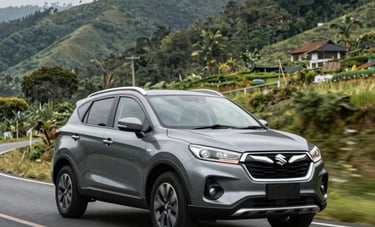 Photography of a metallic grey Suzuki XL7 on a scenic winding road through lush Indonesian highlands, dynamic low-angle shot showing ground clearance, professional lighting, automotive commercial style.
