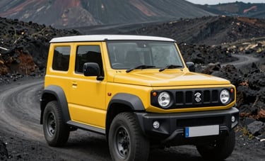 Photography of a kinetic yellow Suzuki Jimny 5-door driving on a rugged volcanic mountain path in Southeast Asia, dramatic landscape, sharp focus on vehicle, adventure and outdoor spirit.