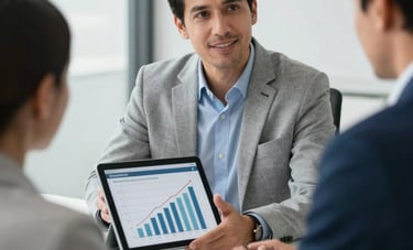 South American / Colombian financial advisor presenting growth charts on a tablet to a client in a bright office, professional attire, light gray and dark blue tones.