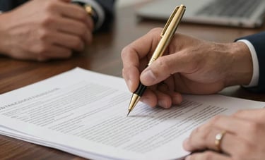 Close up of hands reviewing financial investment documents with a gold pen, modern South American / Colombian corporate environment, elegant dark wood table.