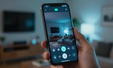 Close-up of a person's hand using a high-end smartphone interface to control living room lights, featuring soft blue and cyan ambient lighting in a modern Brazilian apartment.