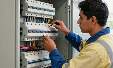 A professional electrician in South American uniform working on a complex modern electrical circuit breaker panel in a well-lit residential garage, focusing on precision and safety.