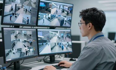 A clean, modern workspace in a North American setting showing a technician reviewing high-definition surveillance feeds on multiple monitors. The lighting is cool with light blue and grey tones, emphasizing technical expertise and attention to detail. No logos visible.