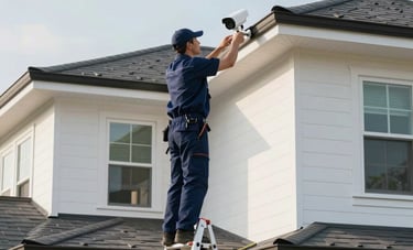 A wide photography shot of a technician standing on a ladder near the roofline of a modern North American home, strategically placing a high-end security camera. Bright, natural morning light, using a palette of navy blue and white. Professional residential security context.