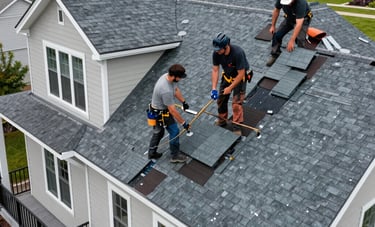 A high-quality real-world photograph of a residential roofing crew in North America completing a full roof replacement on a beautiful two-story house, using slate gray premium roofing materials.