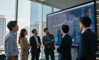 A group of Latin American tech professionals collaborating in a high-rise office overlooking a metropolis. They are standing around a large digital screen showing market trends, with reflective glass surfaces and a sophisticated tech aesthetic. Morning light, colors include dark navy and light blue.