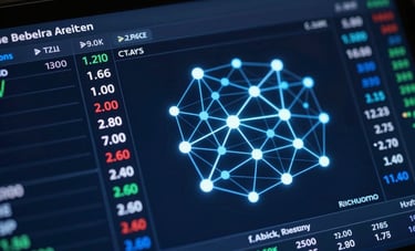 Close-up of a digital interface displaying real-time cryptocurrency price charts and artificial intelligence neural network nodes. The lighting is dramatic, with deep dark navy and bright light blue hues. The scene captures the high-speed essence of the digital economy.