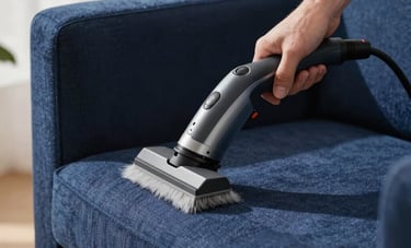 A technician using a detailed handheld upholstery cleaning tool on a navy blue fabric armchair in a modern US home. Soft natural lighting emphasizes the clean texture of the fabric.