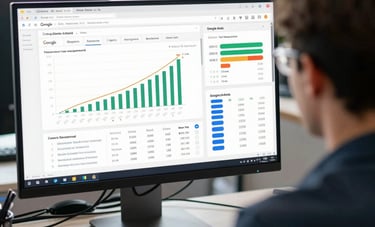 An over-the-shoulder shot of a person in a bright North American office looking at a large computer monitor displaying complex Google Ads metrics and SEO growth charts. Bright, natural lighting.