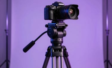 A cinematic shot of a professional North American photography studio. A high-end camera on a tripod is aimed toward a sleek setup with soft purple neon lighting. The atmosphere is clean and high-tech.