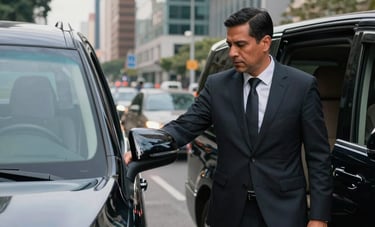 A professional chauffeur in a dark suit opening the door of a high-end black vehicle for a passenger in a busy South American business district with modern glass skyscrapers.