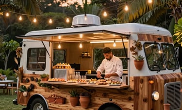 A premium food truck experience at an evening outdoor wedding celebration in a lush Brazilian tropical garden. Warm string lights hang above, a chef in a white coat is plating gourmet appetizers. The truck is decorated with natural wood and terracotta elements. Festive atmosphere, sunset light.