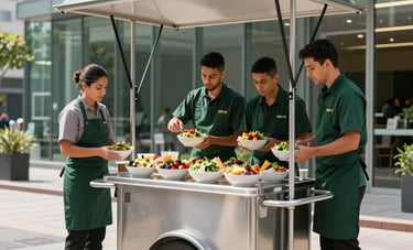 A professional catering setup with a mobile food cart outside a glass-walled modern office building in a South American business district. Staff members in dark green aprons are preparing colorful salad bowls. Professional, reliable, and clean atmosphere in bright daylight.