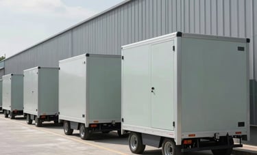 Wide-angle shot of a clean, sophisticated logistics warehouse with modern transport equipment, bright daylight, North American setting, featuring refined grays and Light Sage.