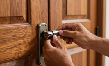 Detailed photography of a professional locksmith's hands installing a high-security lock cylinder into a sturdy wooden door. South American / Brazilian home setting, clean and warm atmosphere, professional and reliable vibe.