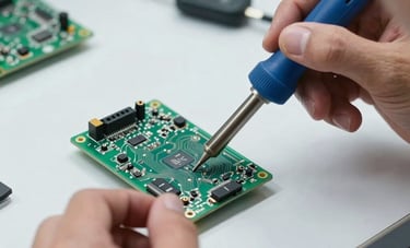 Macro photography of a technician repairing a delicate electronic circuit board of a car key with a soldering tool. Clean workshop environment in South American / Brazilian style, bright natural light, professional blue and white tones.